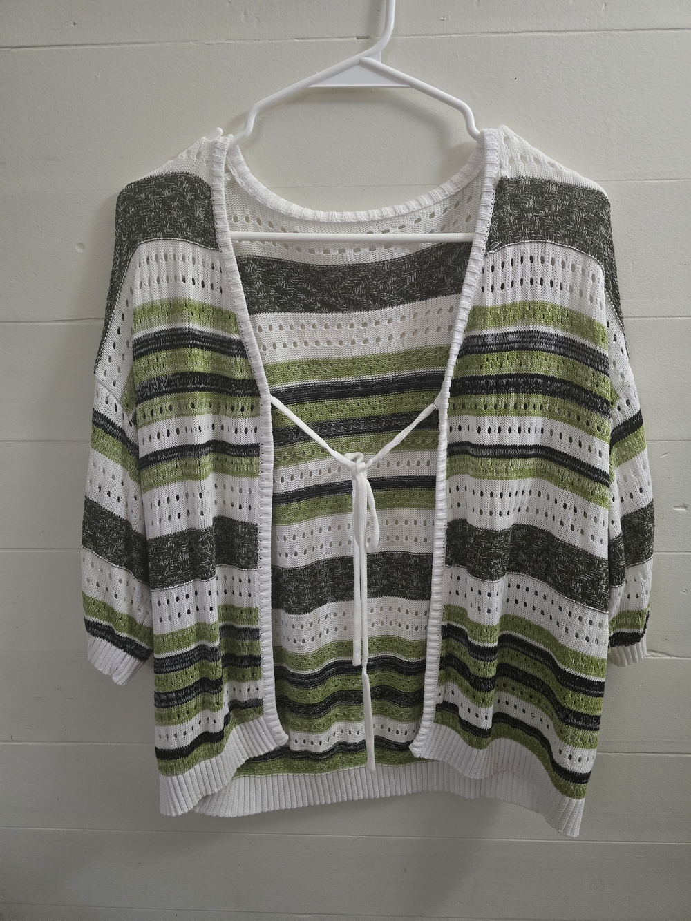 Lightweight Striped Open-Front Knit Sweater - White & Green